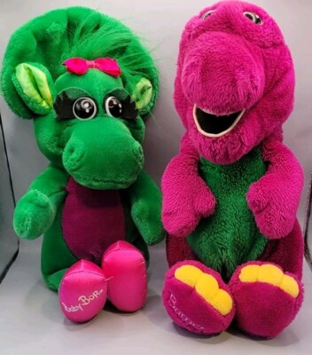 Vintage 1992 The Lyons Group/Golden Bear 16'' Barney and Baby Bop Plush Lot