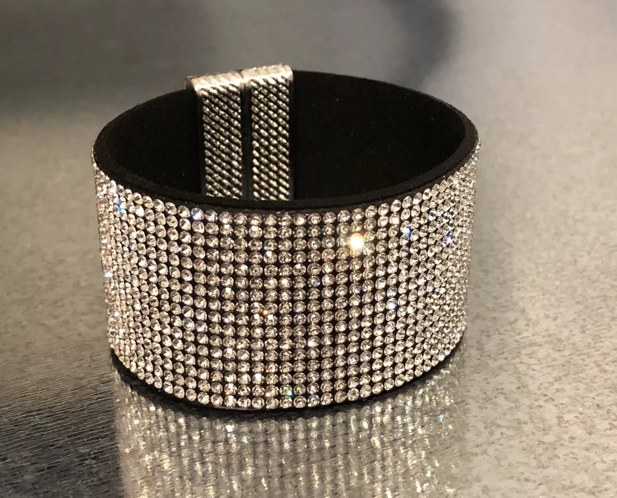 Suede Leather Black Bracelet made w Swarovski Crystal Magnetic Clasp Gorgeous