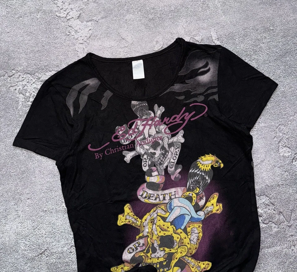 Ed Hardy By Christian Audigier Tee Tshirt Polo Tank Big Logo Rhinestone Skeleton - Image 4 of 4