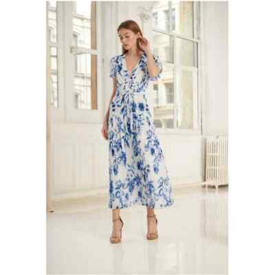 ML Monique Lhuillier Floral Dress Size Blue White Midi Tea Gown Preppy  Luxury