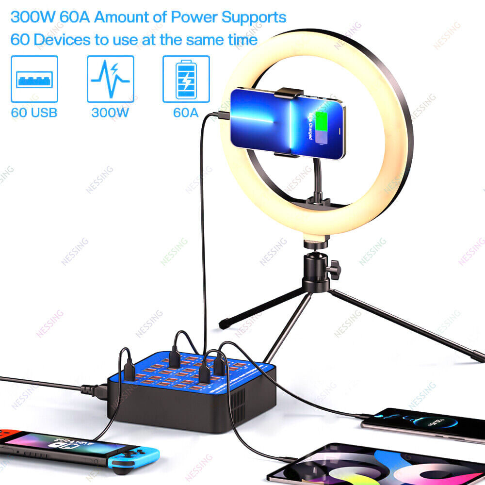 60-Port 300W Fast USB Hub Charger for Phones and Devices