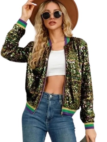 Women's Mardi Gras Tri-Colored Confetti Sequin Bomber Jacket - Picture 3 of 9