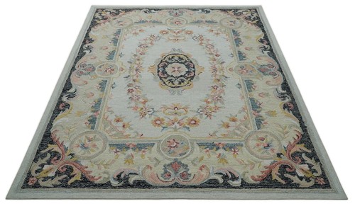 HandTufted 8x10 floral Aubusson design Ivory and Light Green wool rug-DD/NCP6568 - Picture 4 of 11