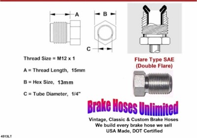 10 Pack - MALE TUBE NUTS - M12 x 1 Long Thread, Double Flare, 1/4'' Line