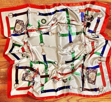 Vintage Equestrian horsebelt chain print oversized hand rolled silky Scarf 35/35