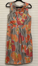Adrianna Papell 14 Tencel Blend Rosettes Sleeveless Coral Gray Floral Dress EUC