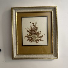 VTG Dried Pressed Flowers Wall Art Double Matted Signed 2-tone Gold AccentFrame