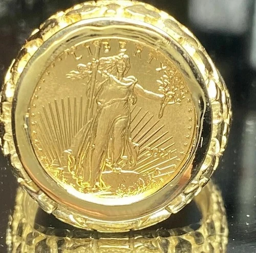 Lady LIBERTY Coin Nugget Men's Ring Jewelry Gift 14K Yellow Gold Finish