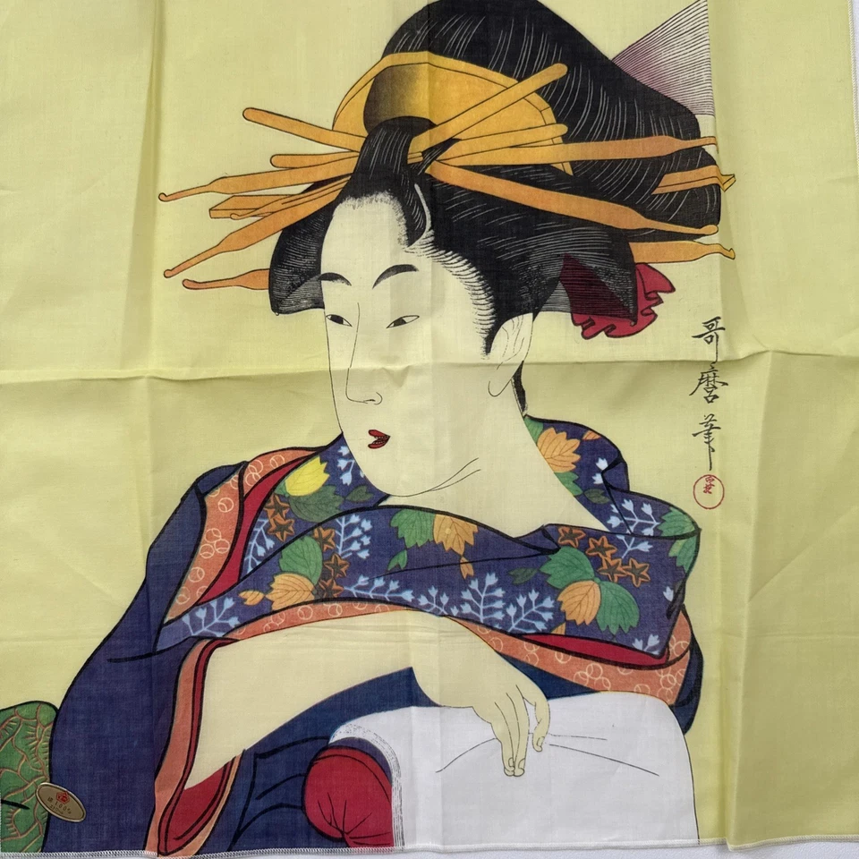 Pañuelo Kitagawa Utamaro Japón Woodblock Hankie Boho Vintage MCM Foto 3 de 4
