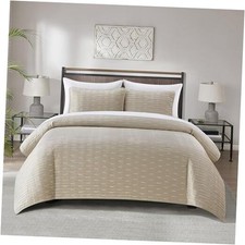 Castiel 3-Piece Velvet Quilt Coverlet Set - Contemporary Stitched Queen Beige