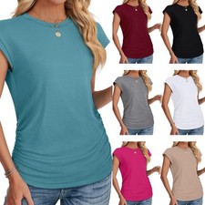 Ladies Casual Crew Neck T-Shirt Summer Caps Short Sleeve Top Ruched Basic