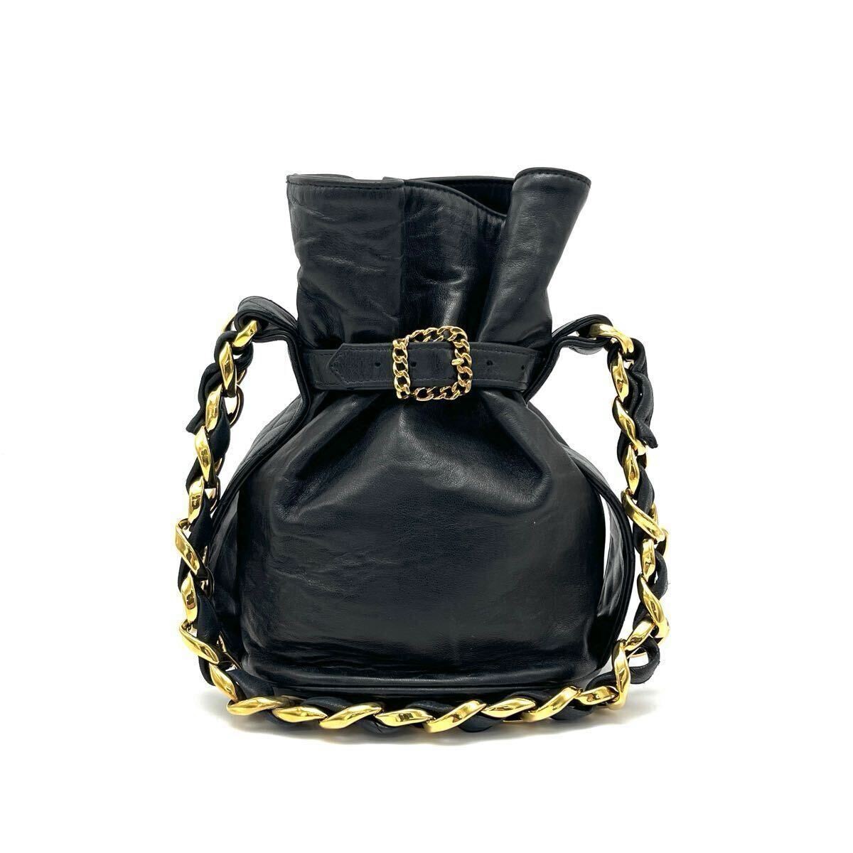 Vintage CHANEL Coco Mark Lambskin Large Chain Drawstring Bag eK0109A
