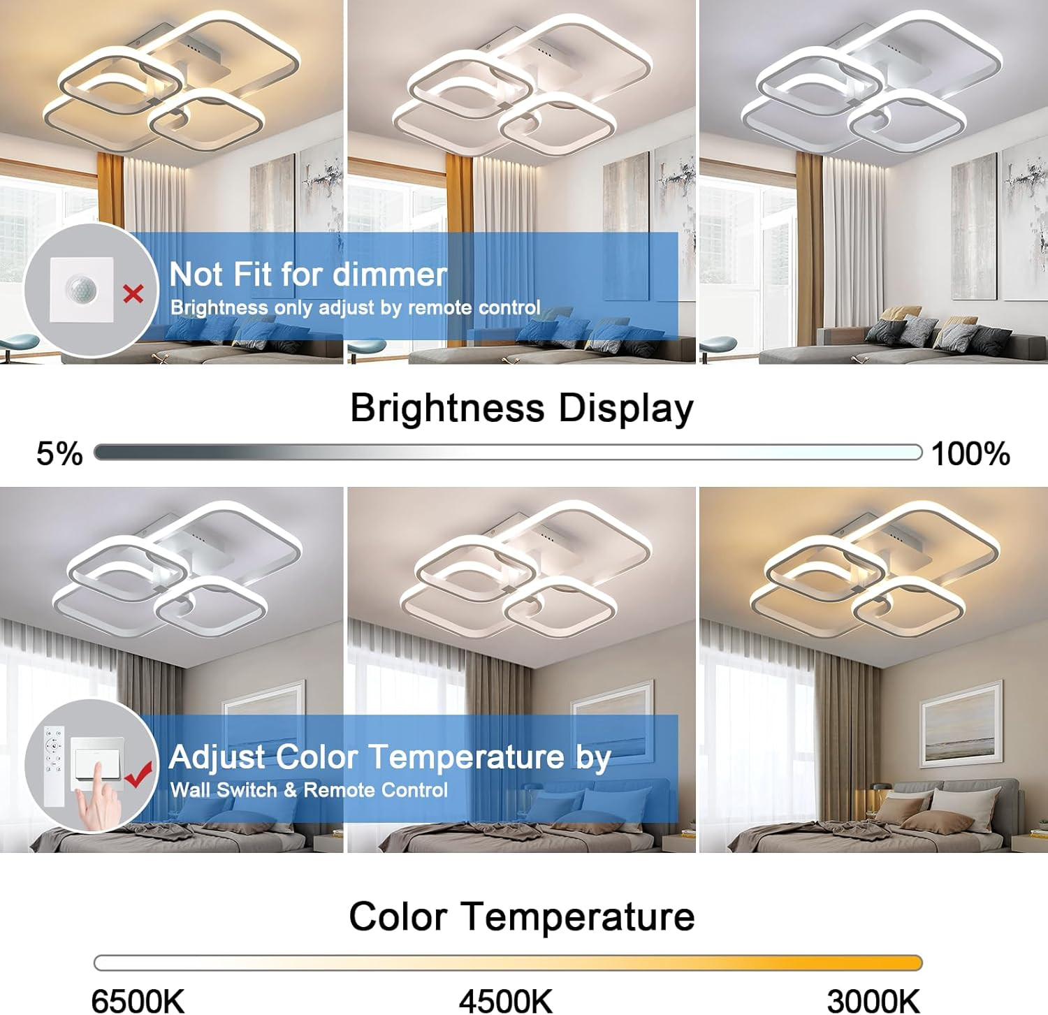Plafoniera LED 48W Dimmerabile Quadrata con Telecomando per Salotto - 3