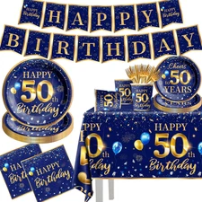 50Th Birthday Decoration Men-142Pcs Navy Blue and Gold Birthday Tableware Set(Se