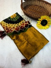 Pure Gajji Silk Ajrakh Bandhej Saree Mirror Work Indian Ethnic Saree with Blouse