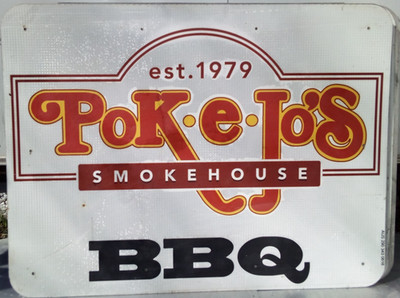 AUTHENTIC RETIRED ADVERTISING HWY EXIT SIGN POK E JO'S SMOKEHOUSE BBQ 48X36 A10