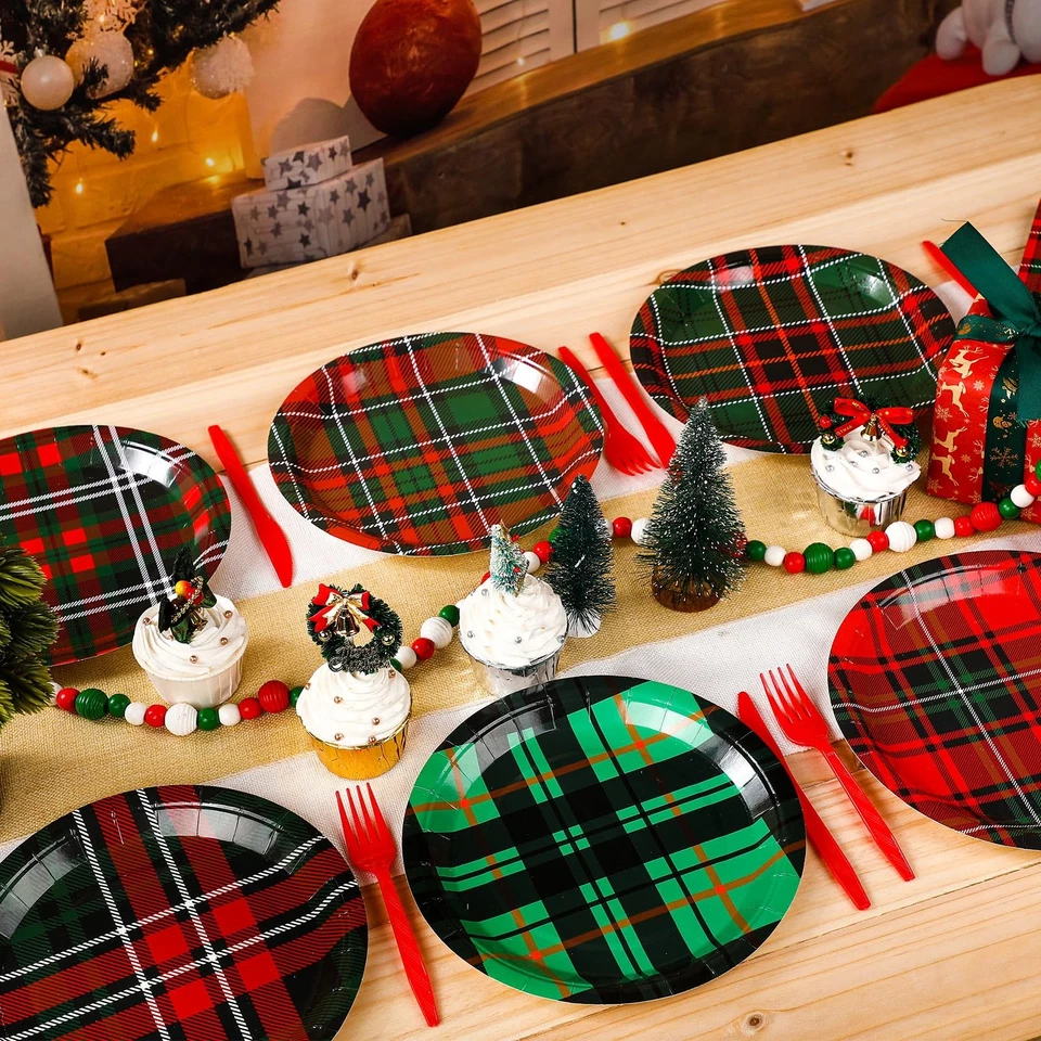 90 Pcs Christmas Plaid Plates 9 Inch Red and Green Black Xmas Paper Plates fo... - Image 4 of 4