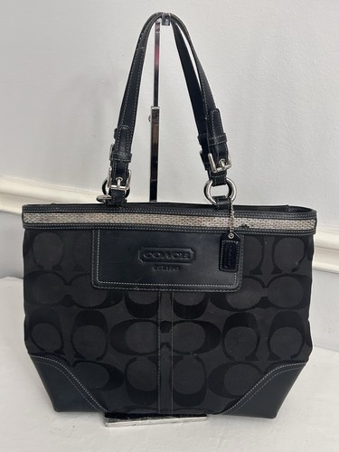 COACH BLACK SIGNATURE GALLERY TOTE SHOULDER BAG PURSE RARE!