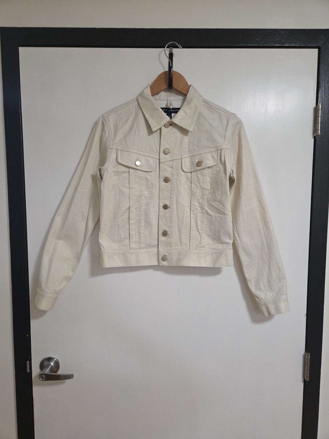 Ralph Lauren Womens Cropped Denim Jacket Cream Ivory Button Front Chic Minimal 8