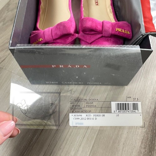 Prada Pink Peonia Suede Round Toe Logo Bow Ballet Flats 37.5 - Picture 10 of 11