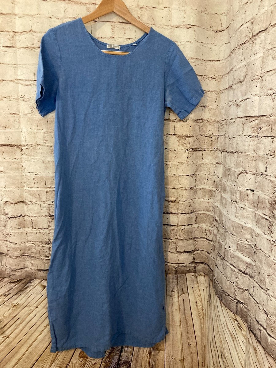 Russ Berens Linen Dress Womens Small Lagenlook Blue Midi Short Sleeve Pencil