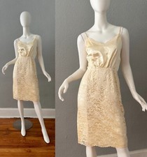 Vintage 80s Ivory Satin Lace Sheath Wedding Party Dress S