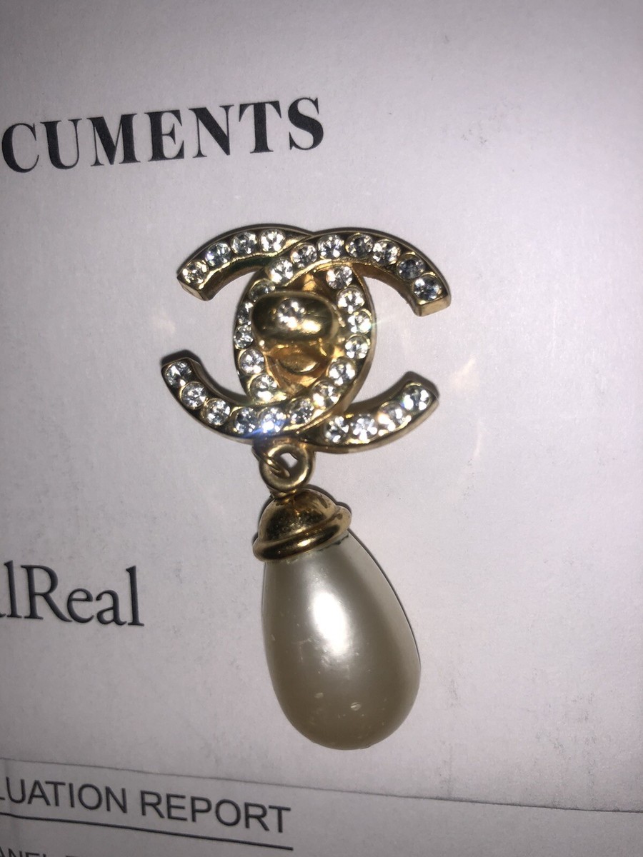Chanel Logo CC Pearls Crystals Gold Drop Dangle Earrings | eBay