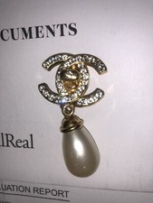 Chanel Logo CC  Pearls Crystals Gold Drop Dan...