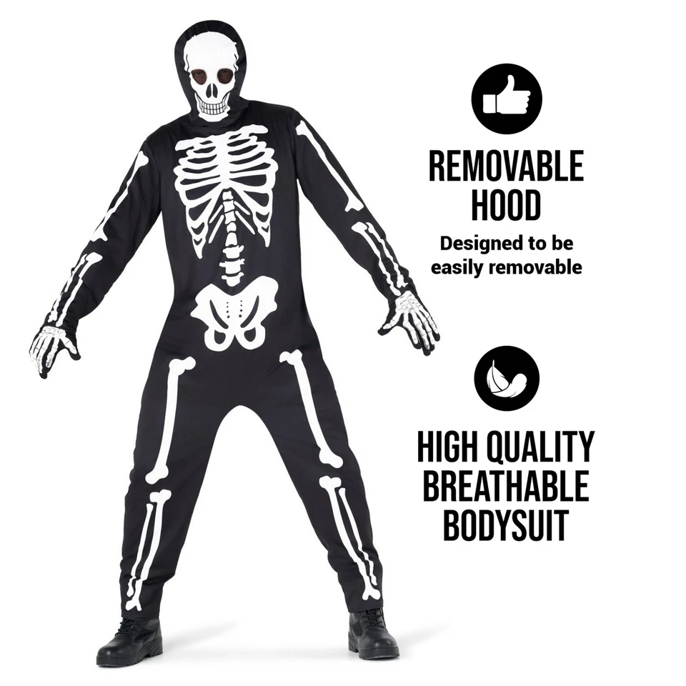 Adult Skeleton Jumpsuit Costume M - XXL Mens Scary Halloween Hooded Bodysuit - Image 3 of 4