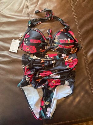 COCOSHIP Black Floral two piece swimsuit bikini size 3XL