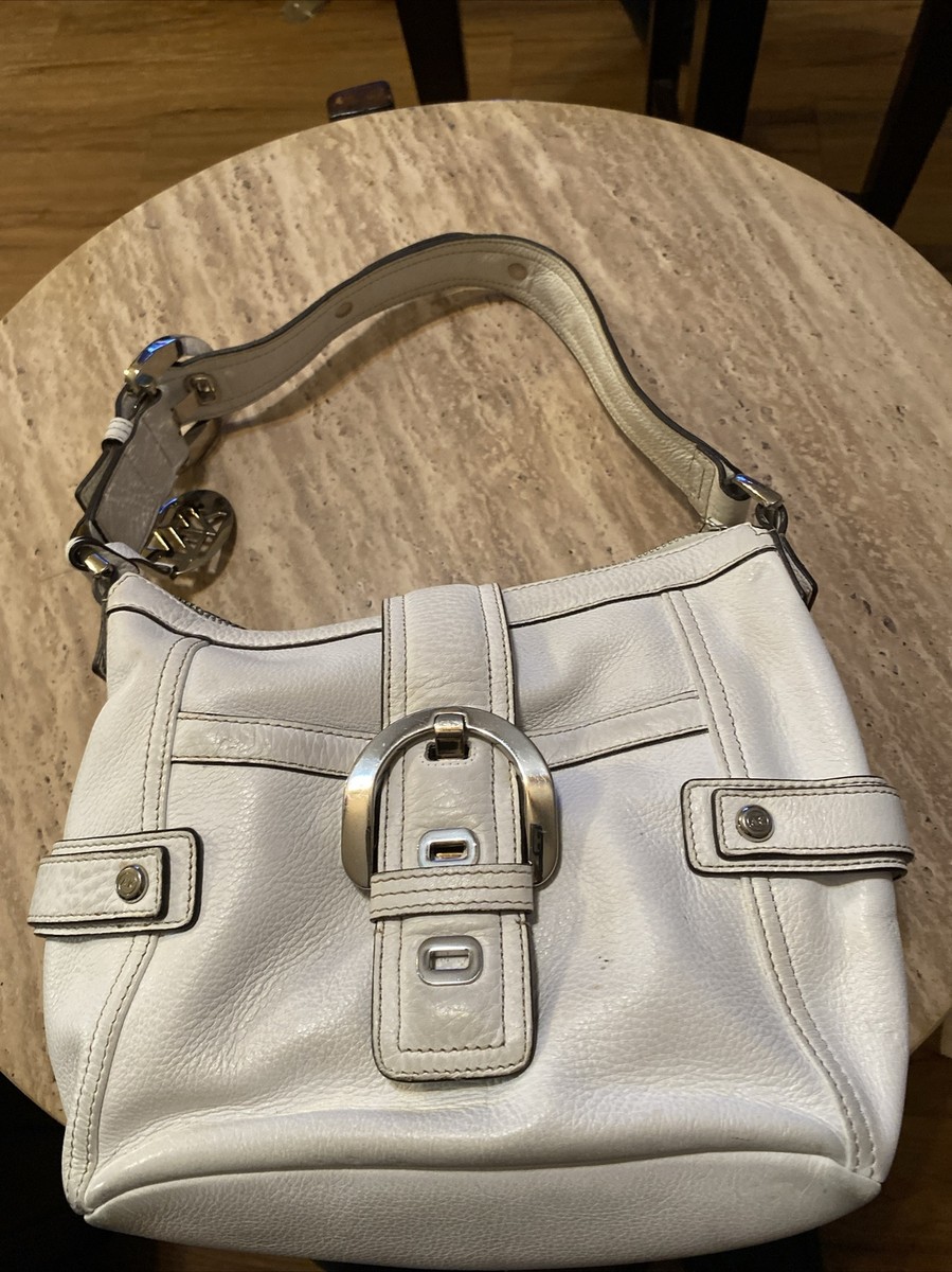 VTG ANNE KLEIN White Leather Shoulder BAG LG HARDWARE STRAPS