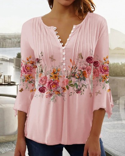 Boho Womens Button V-Neck Tops T Shirts Tunic Floral Summer Blouse Tee Plus Size - Picture 5 of 31