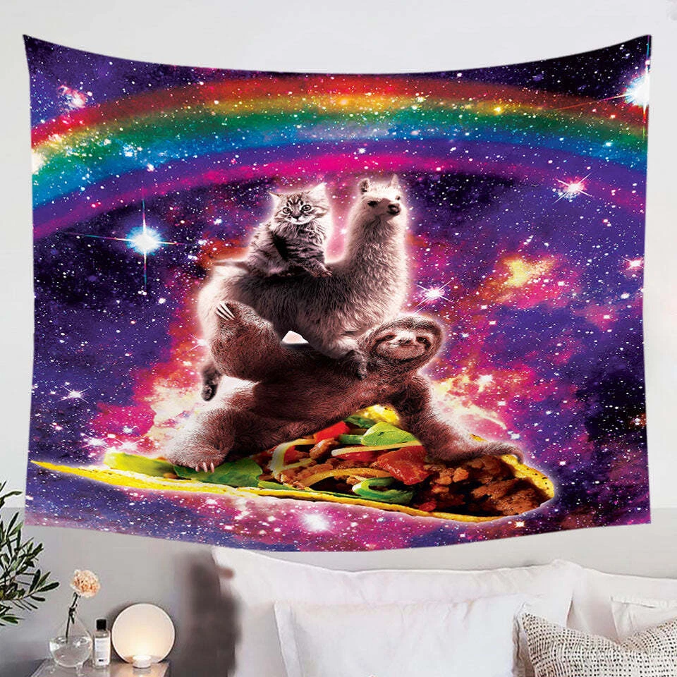 Cool Funny Crazy Art Space Cat Llama Sloth Riding Taco Tapestry eBay