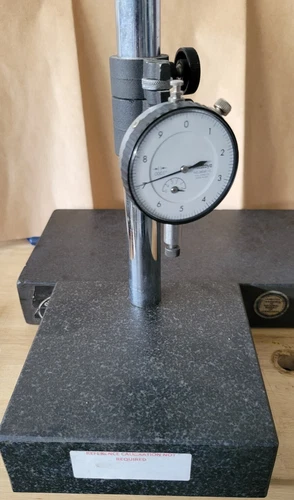 Granite Dial Gage Stand 6"square, 8" post w Mitutoyo .0001 indicator