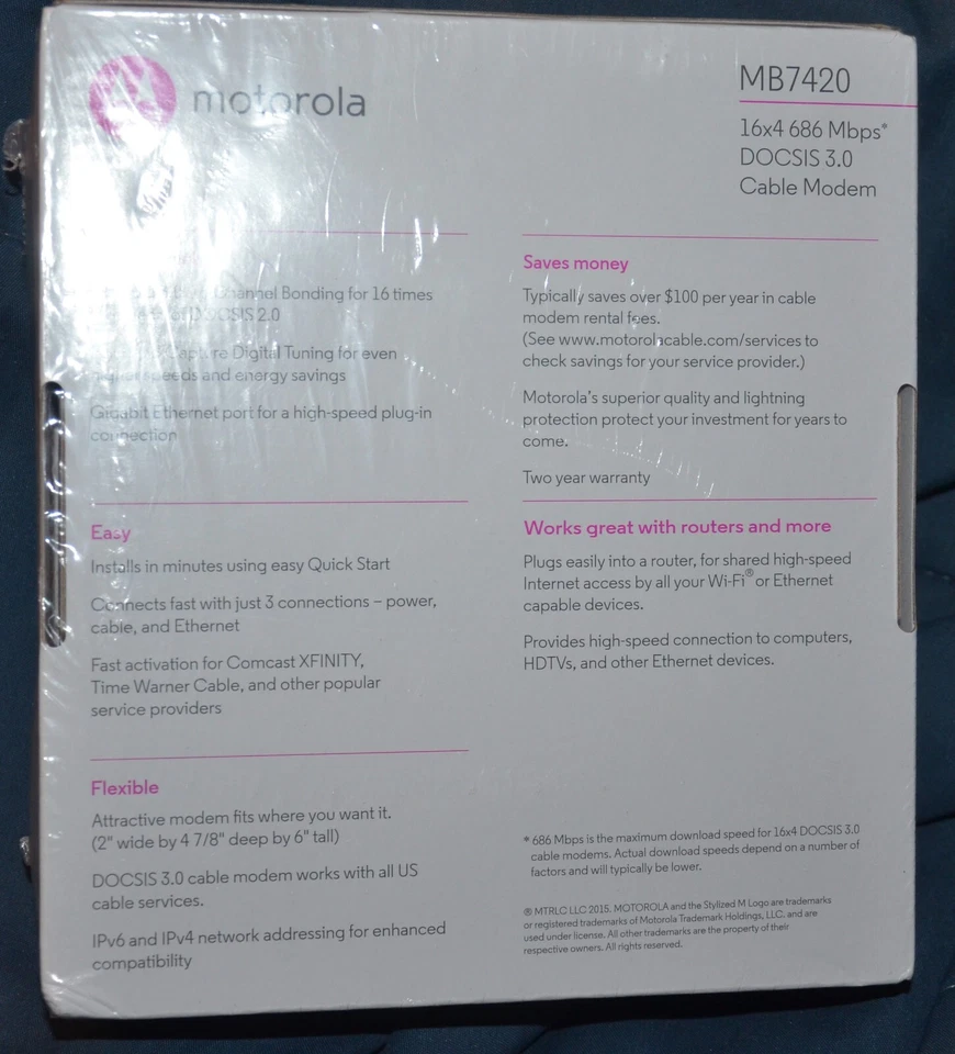 Motorola MB7420 16x4 DOCSIS 3.0 Cable Modem 646 Mbps new - Image 2 of 4