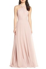 JENNY YOO HALLE HALTER KEYHOLE WHIPPED APRICOT CHIFFON GOWN sz 8