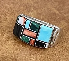 South Western 925 QUOC Turquoise Inc. Albuquerque Stones Bear Embossed Ring Sz 9