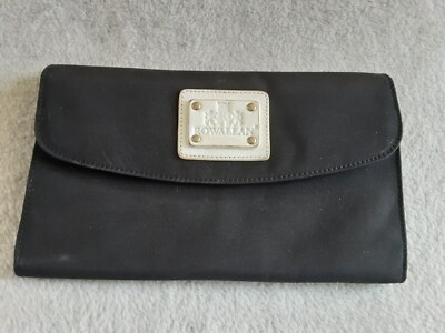 Rowallan Nylon and Leather Handbag Clutch Black Snap Close Zippered Pockets