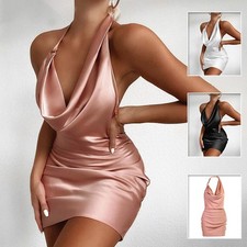 Womens Satin Halter Cowl Neck Bodycon Mini Dress Backless S-L