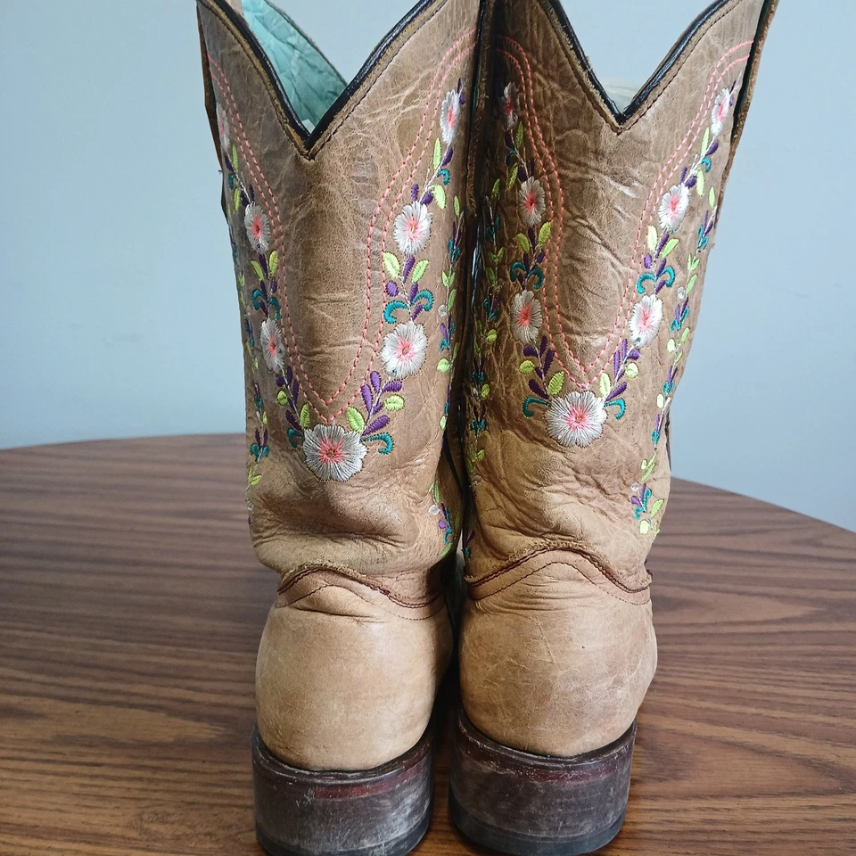 T0161 Adolescente Miel Floral Bordado Puntera Cuadrada Bota Occidental Punta Cortada Corral Foto 3 de 4