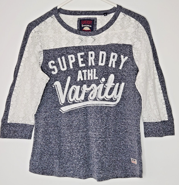Superdry Sportswear Grey Jersey and Lace 3/4 sleeve top SZ M Women's
