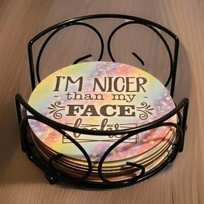 Set Of 8 Round Coasters Featuring Sarcastic Quotes Illustrations With Stand