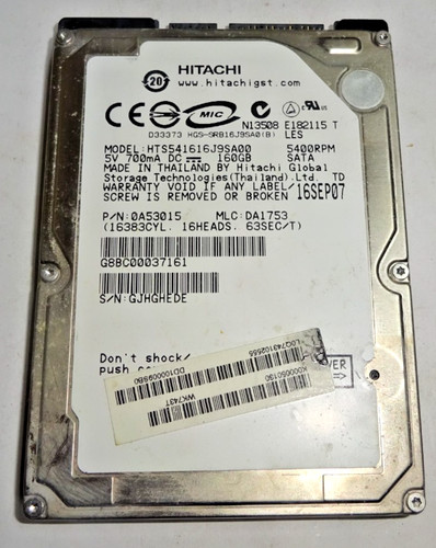HITACHI ***HTS541616J9SA00*** 160GB SATA HDD Notebook 2,5 Zoll #NFP1367