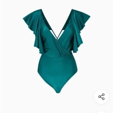 PAT BO Teal Emerald Green Ruffle Plunge One Piece Swimsuit S