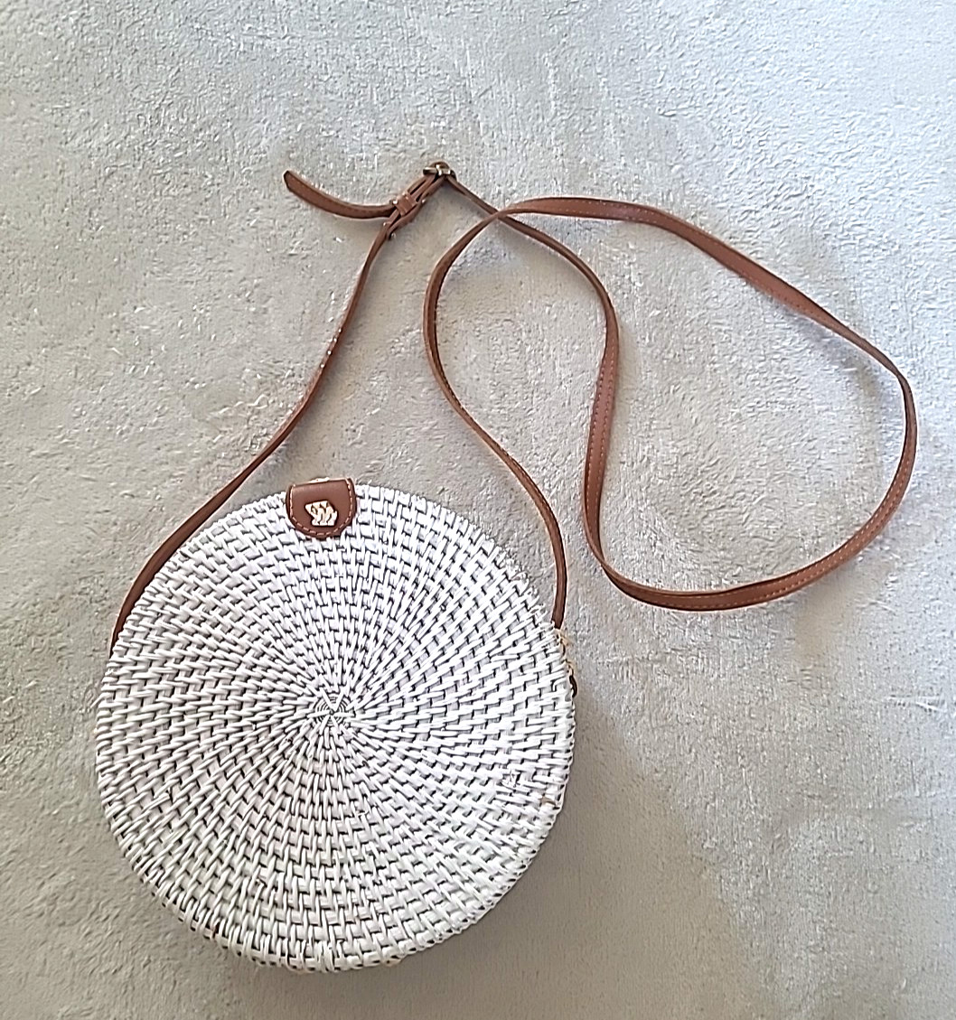 Boho Round Rattan Crossbody Bag White Woven Straw Circle Purse Festival Summer