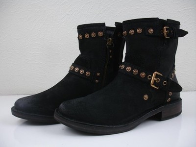 Women's 7 M UGG Black Fabrizia Suede 1003235 Leather Moto Boots Harness Studded