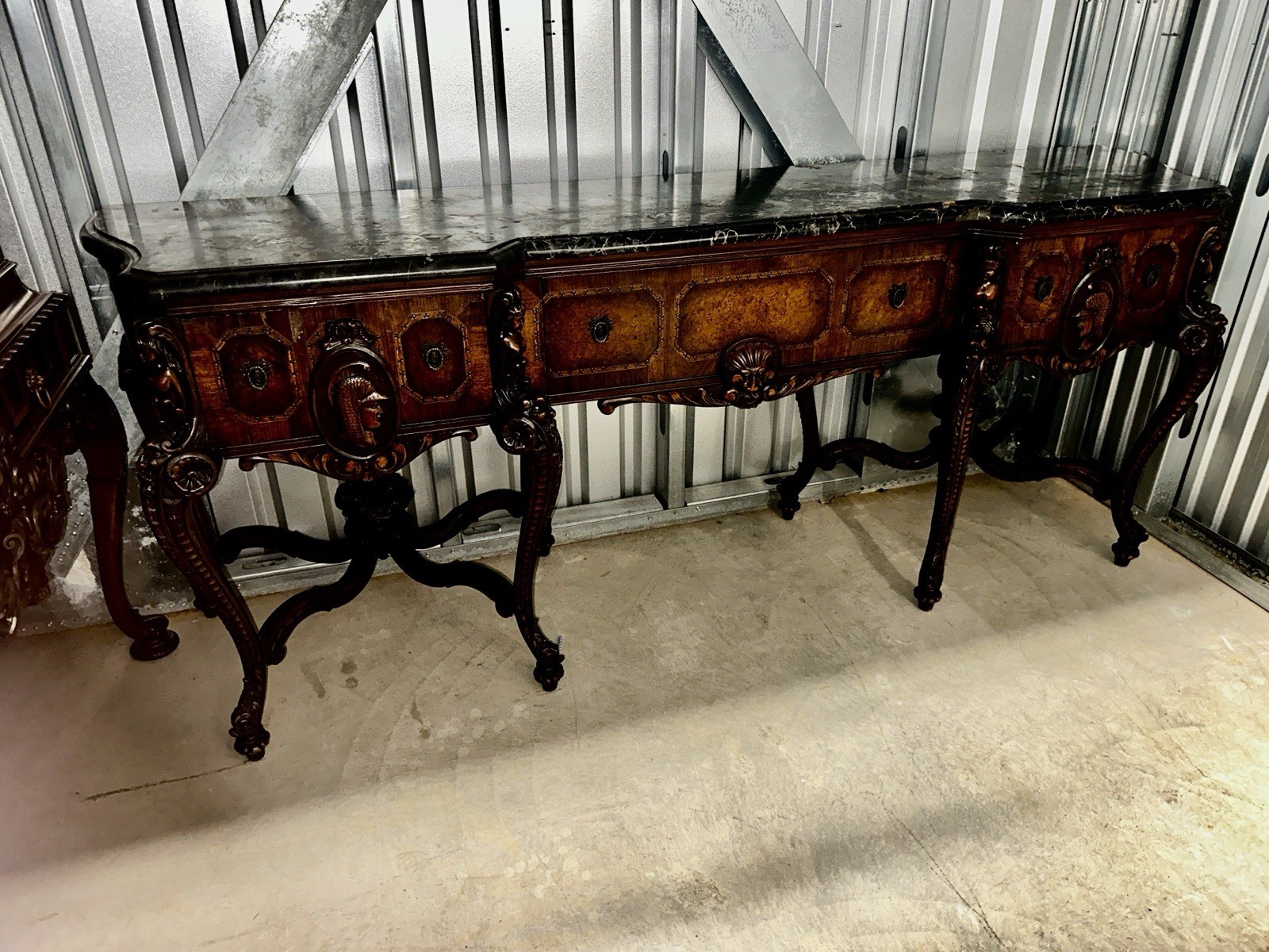 Antique Estate Walnut Black White Vein Marble Top Figural Sideboard Server