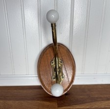 Vintage Antique Brass Oak Hat Coat Wall Mount Double Hook White Porcelain Knobs