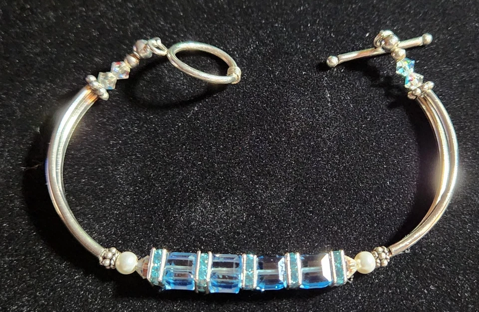 Pulsera Swarovski Azul Aguamarina Cuadrada 6mm Cuentas  Foto 2 de 3