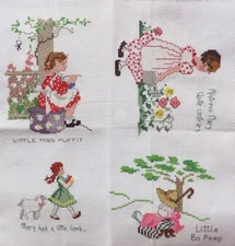11' X 12" FINISHED CROSS STITCH WITH 4 NURSERY RHYME CHARACTERS LITTLE BO PEEP +